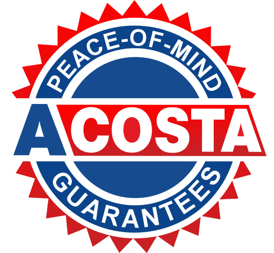 Badge reading Acosta Peace-of-Mind Guarantees